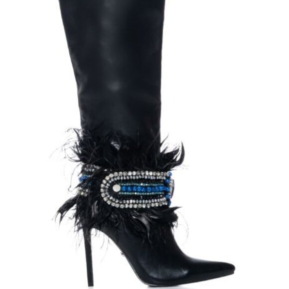 AZALEA WANG "DOING THE MOST"FEATHER EMBELLISHED KNEE HIGH BOOT/BLACK(BRAND NEW!! - Picture 7 of 9